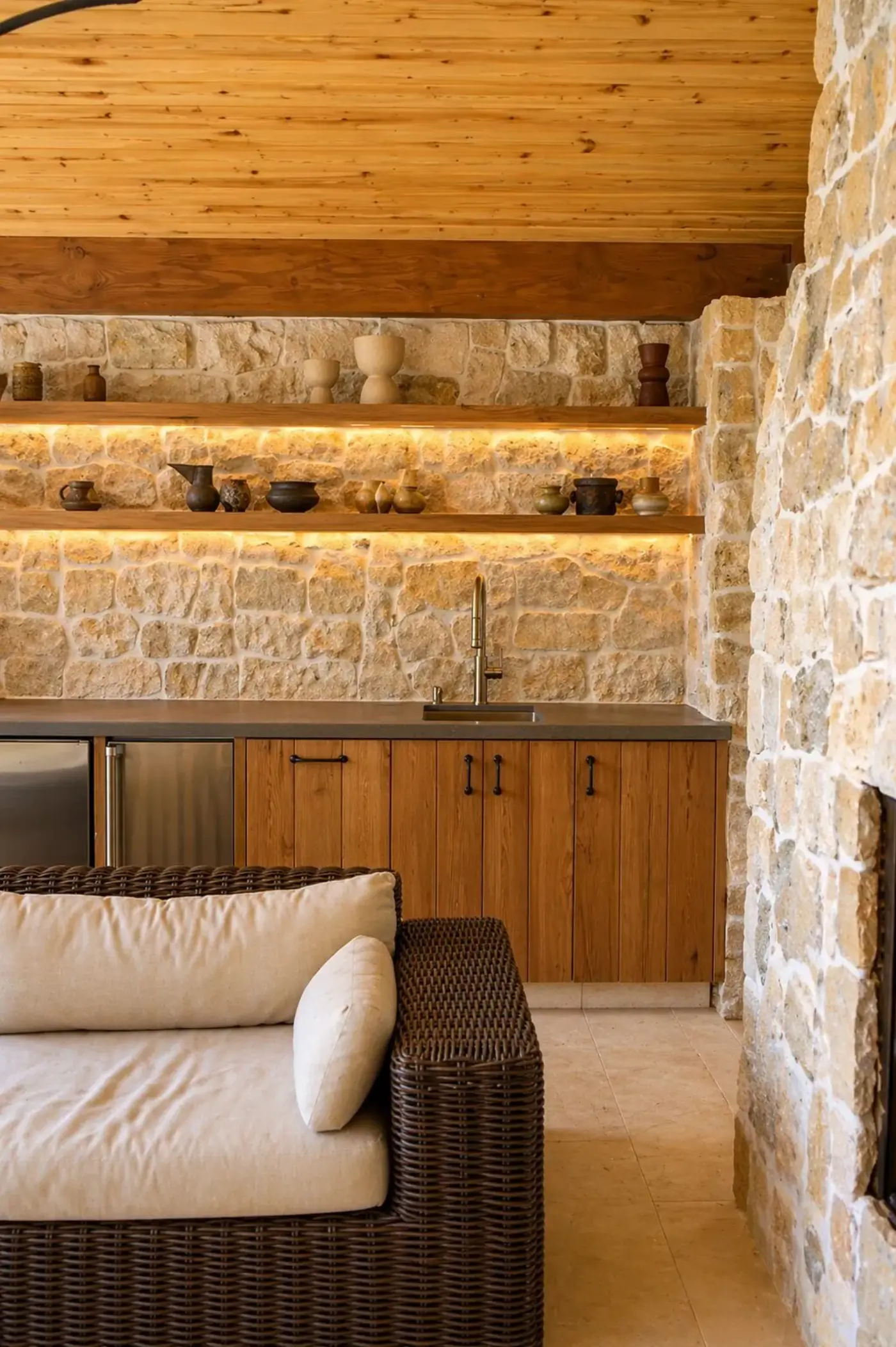 Stone Outdoor Kitchen & Lounge by Moda Outdoor Living in Silver Lake, CA — luxury outdoor living design and build