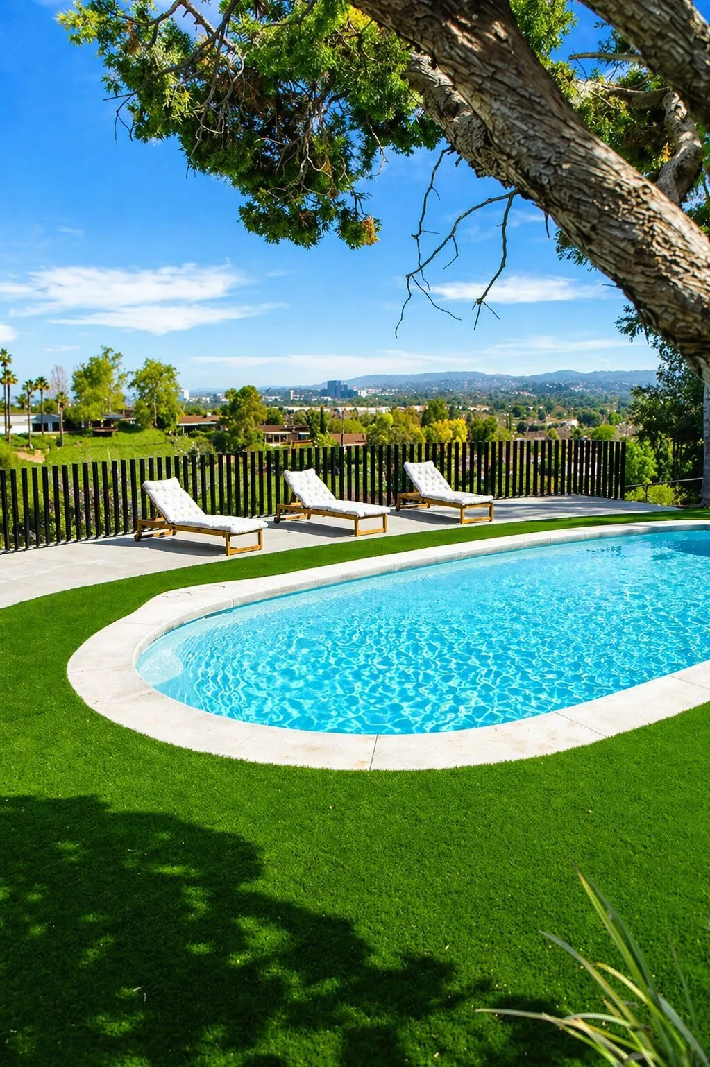 Turf Pool Deck & Lounge by Moda Outdoor Living in West Hills, CA — luxury outdoor living design and build